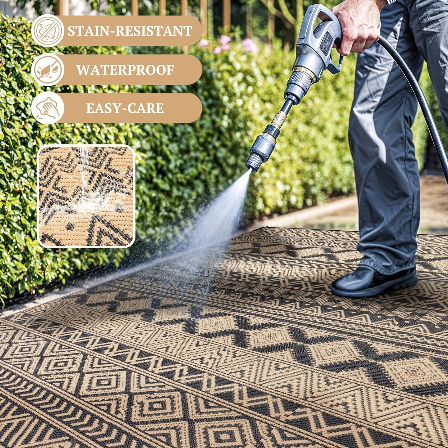 8'x10' Reversible Outdoor Rug - Eco-Friendly Plastic Straw Rug-Heavy-Duty Waterproof Mat, UV & Fade Resistant for Patio, Camping, RV, Deck, Balcony(8x10,Black&Brown)