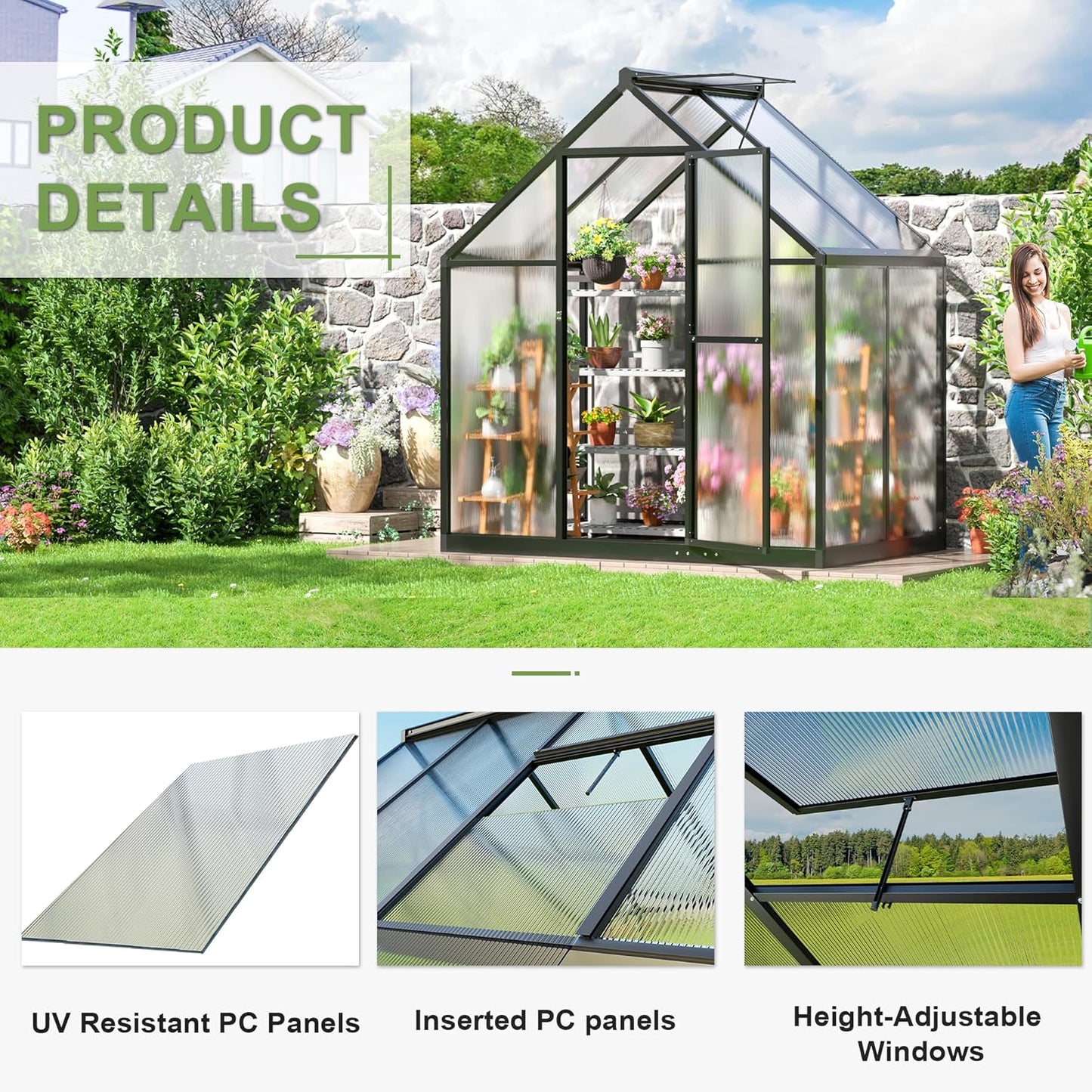 Polar Aurora 4x6 FT Greenhouse, Quick Aluminum Assembly Structure Polycarbonate Greenhouse, Walk-in Greenhouses for Outdoors with Ventilated Windows, Green Houses for Outside Backyard Garden