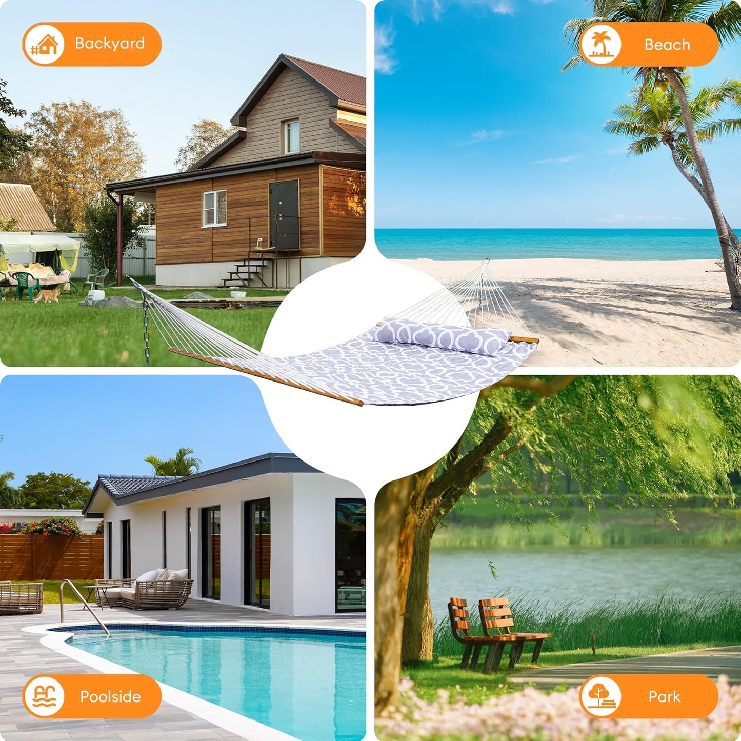 Double Hammock with Spreader Bar,Soft Pillow,Max Load 500lbs,Portable Hammock for Outdoor,Camping,and Backyard,White Gray