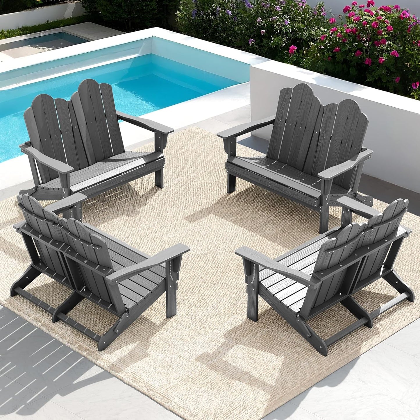 SERWALL 2 Person Adirondack Loveseat, HDPE All-Weather Folding Adirondack Bench Chair, Outdoor Adirondack Chair Set of 4, Grey