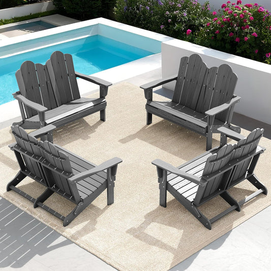 SERWALL 2 Person Adirondack Loveseat, HDPE All-Weather Folding Adirondack Bench Chair, Outdoor Adirondack Chair Set of 4, Grey