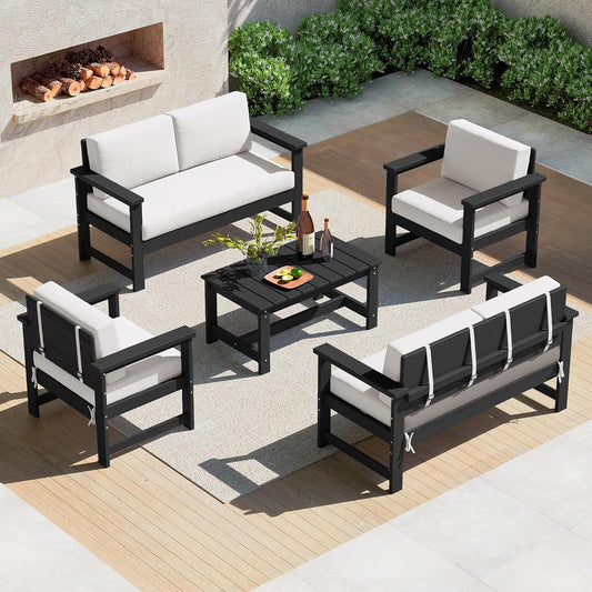 SERWALL 5 Pieces HDPE Outdoor Conversation Sofa Set with Cushions, All Weather Use Patio Couch Loveseat Furniture with Coffee Table, Black Frame with Khaki Cushions