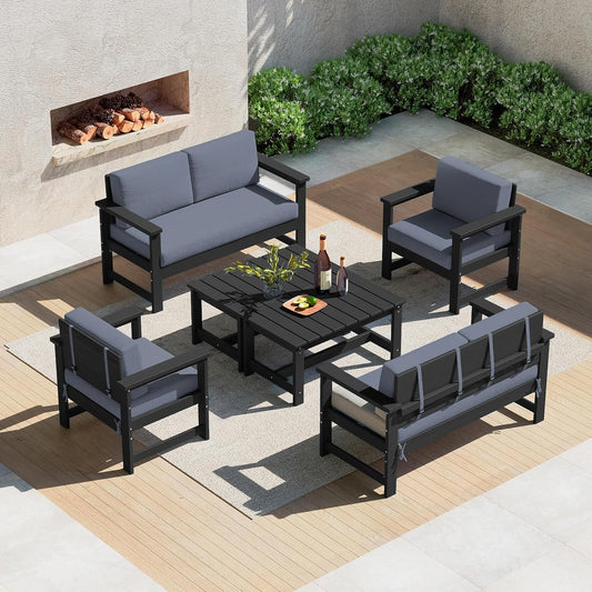 SERWALL 6 Pieces HDPE Outdoor Conversation Sofa Set with Cushions, All Weather Couch Loveseat Furniture with Coffee Table and Cushion, Outdoor Social Sofa Set, Black Frame with Grey Cushions