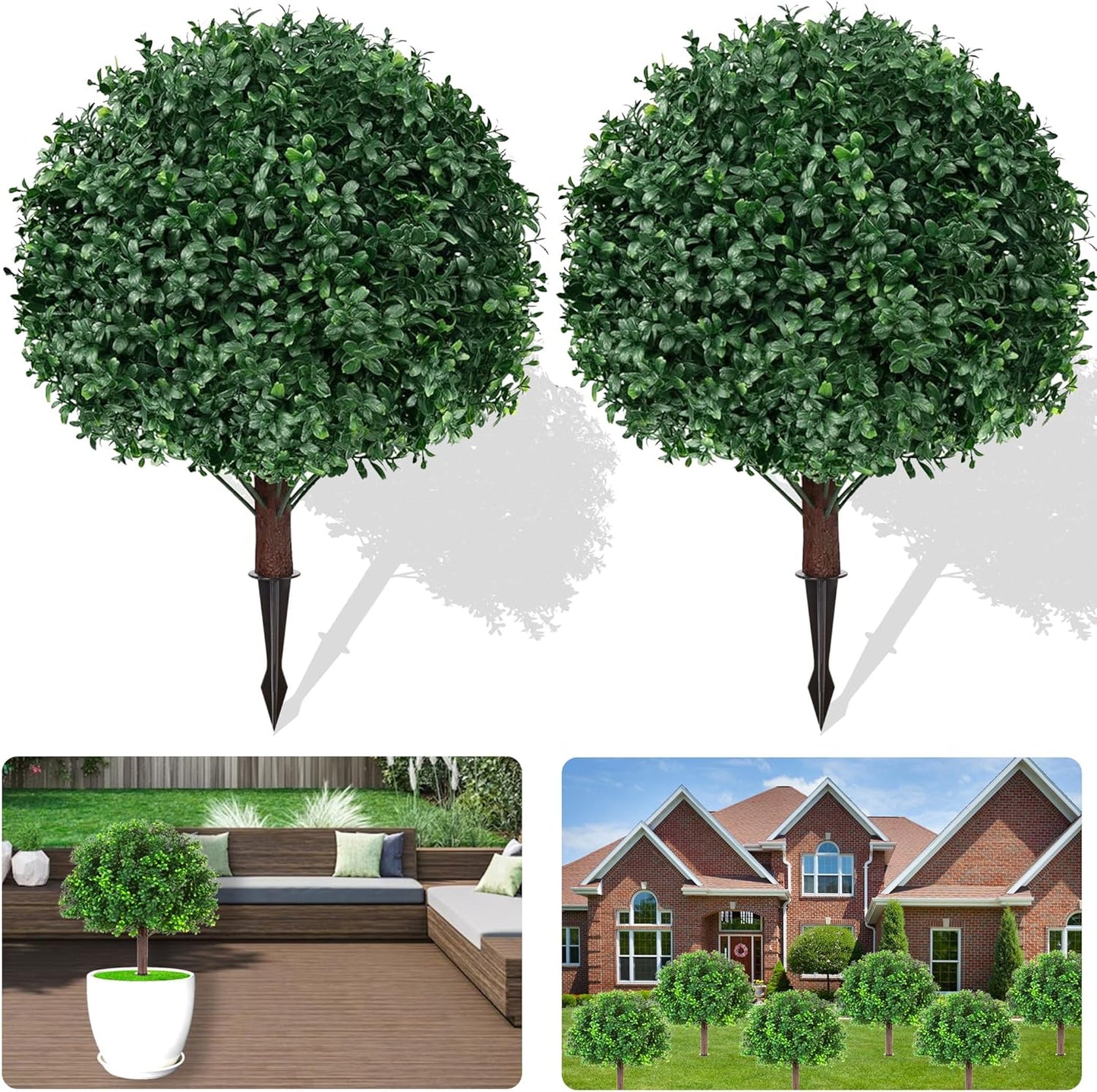Artificial Boxwood Topiary Ball Trees, Set of 2 Artificial Boxwood Ball Bush Artificial Shrub Bushes UV Resistance Rated with Spike Fake Outdoor Plant for Front Door Decor, Home Decor, Garden