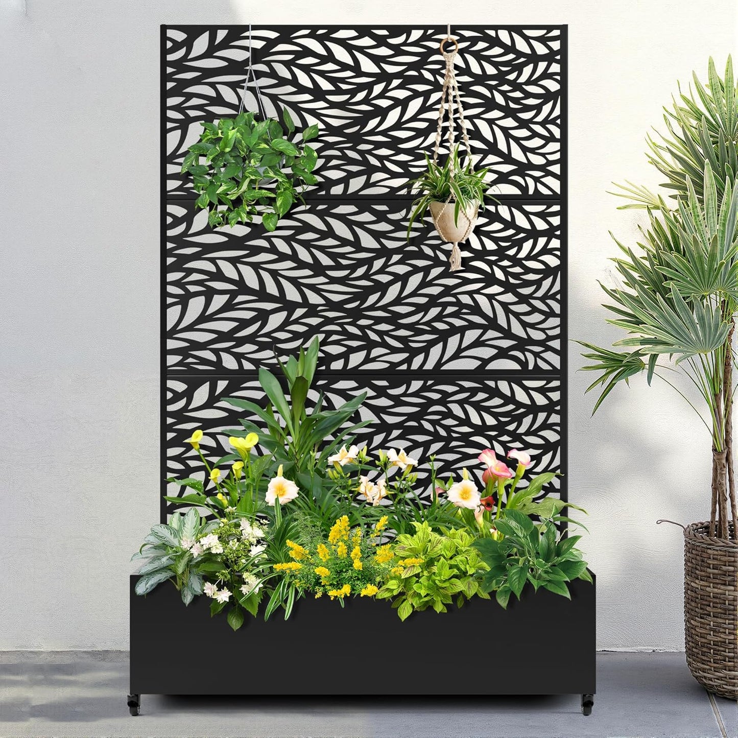 FENCY Metal Raised Garden Bed with Wheels and Trellis,73"x47"x16" Planter Box for Climbing Plants, Vegetables & Vines, Features Privacy Screen and Drainage Holes (Black-Leaf)