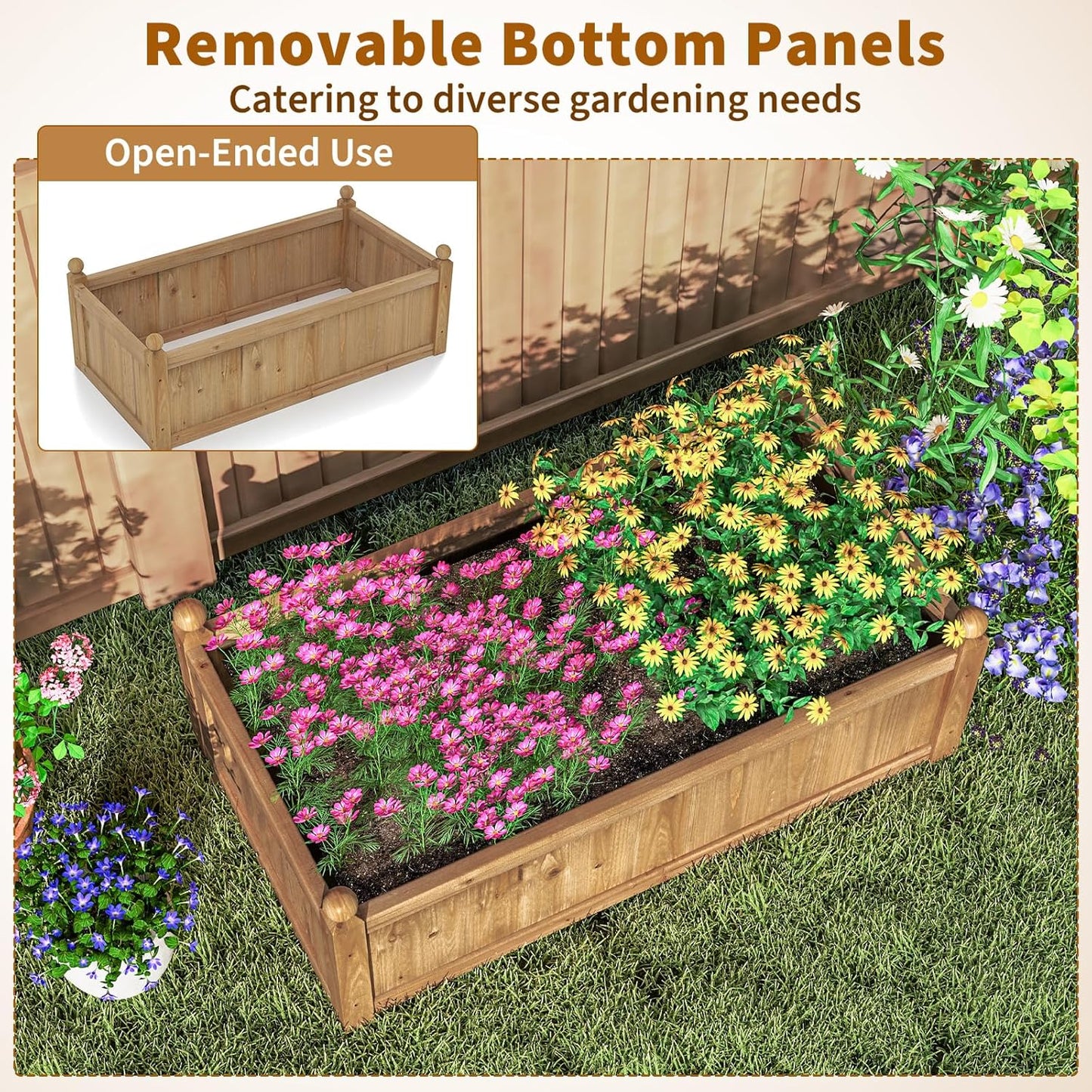 HAPPYGRILL Wood Raised Garden Bed, 46” x 24” x 16” Rectangular Flower Box w/Drainage Holes for Growing Vegetables, Flowers, Herbs, Outdoor Planter Box for Backyard Garden Lawn