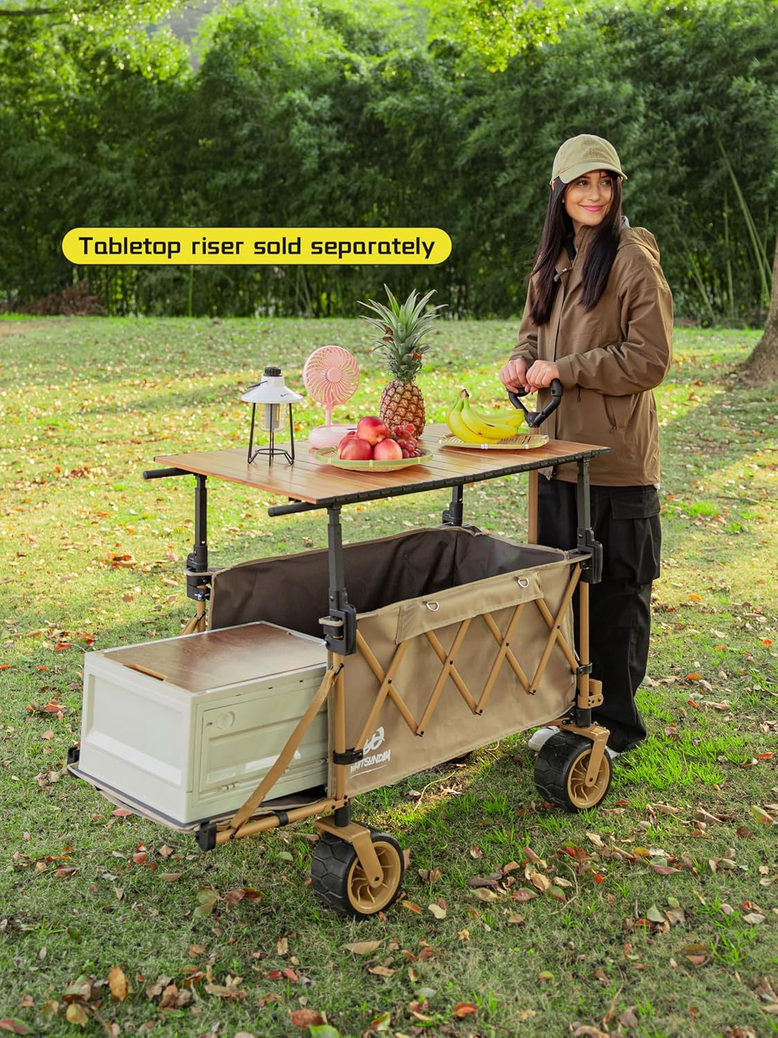 Whitsunday Collapsible Folding Wagon with Table,Heavy Duty Utility Beach Wagons with Opened Tailgate and All-Terrain Wheels for Camping,Garden,Sports Khaki