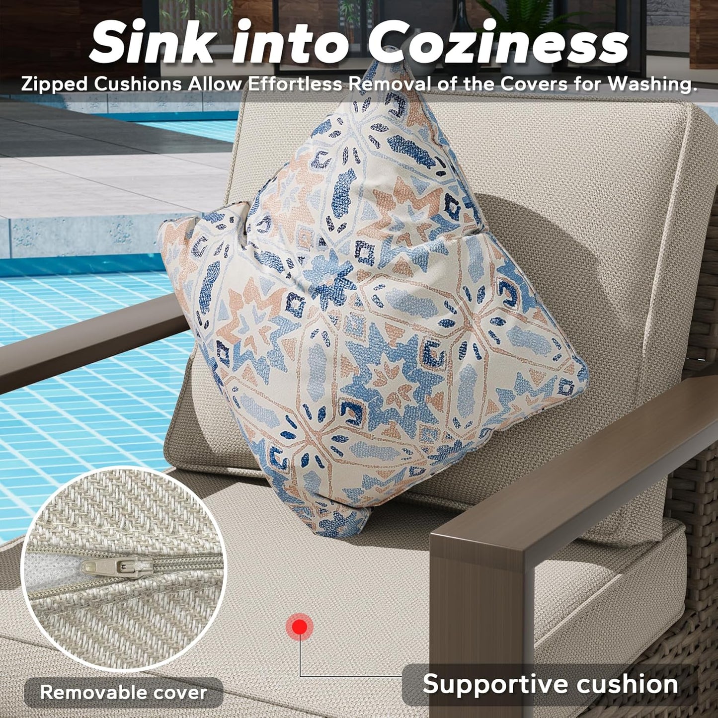 Outdoor Wicker Metal Chairs Set of 2 with Matching Side Table - 3 Pieces Patio Bistro Set with Removable Olefin Fabric Cushions & Rectangular Framed Wood-Looking Metal Armrest, Beige