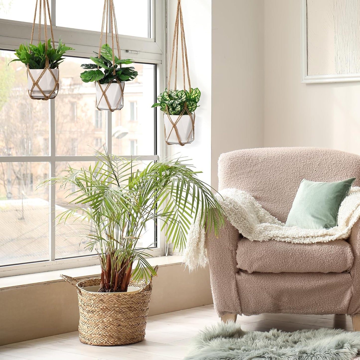 YIBOT 3 Pack Macrame Plant Hanger Indoor Hanging Planter Basket with 3 Hooks, 35"/29"/23" Hang Flower Pot Plant Holder for Indoor Outdoor Decorations, Brown (POTS NOT Included)