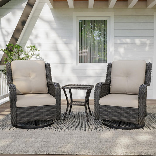 3 Pieces Outdoor Furniture Set - Patio Wicker Swivel Rocker Chair Set of 2 and 1 Side Table, Beige, Mixed Brown Rattan, Suitable for Porch, Yard