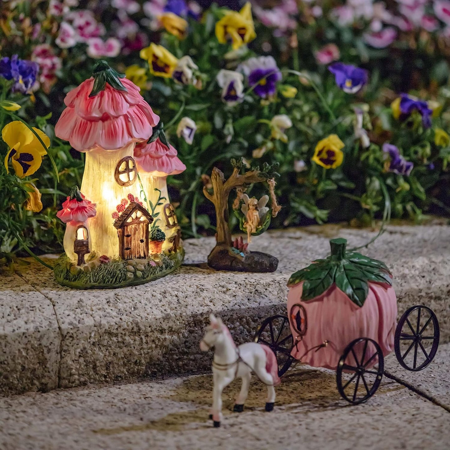 LA Jolie Muse Resin Fairy Garden - Miniature Floral Roof Cottage with Solar LED Lights, Fairy House Figurine Set of 3 with Carriage, Outdoor Decor for Patio Yard Lawn, Gifts for Mom