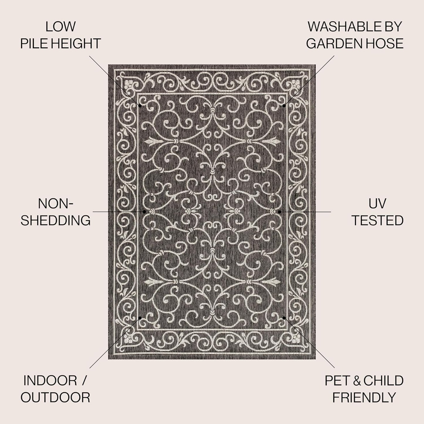 JONATHAN Y SMB106G-4SQ Charleston Vintage Filigree Textured Weave Black/Gray 4' Square Indoor/Outdoor Area Rug, Pet Friendly, Non-Shedding, Stain Resistant, Easy-Cleaning for Backyard, Patio, Porch