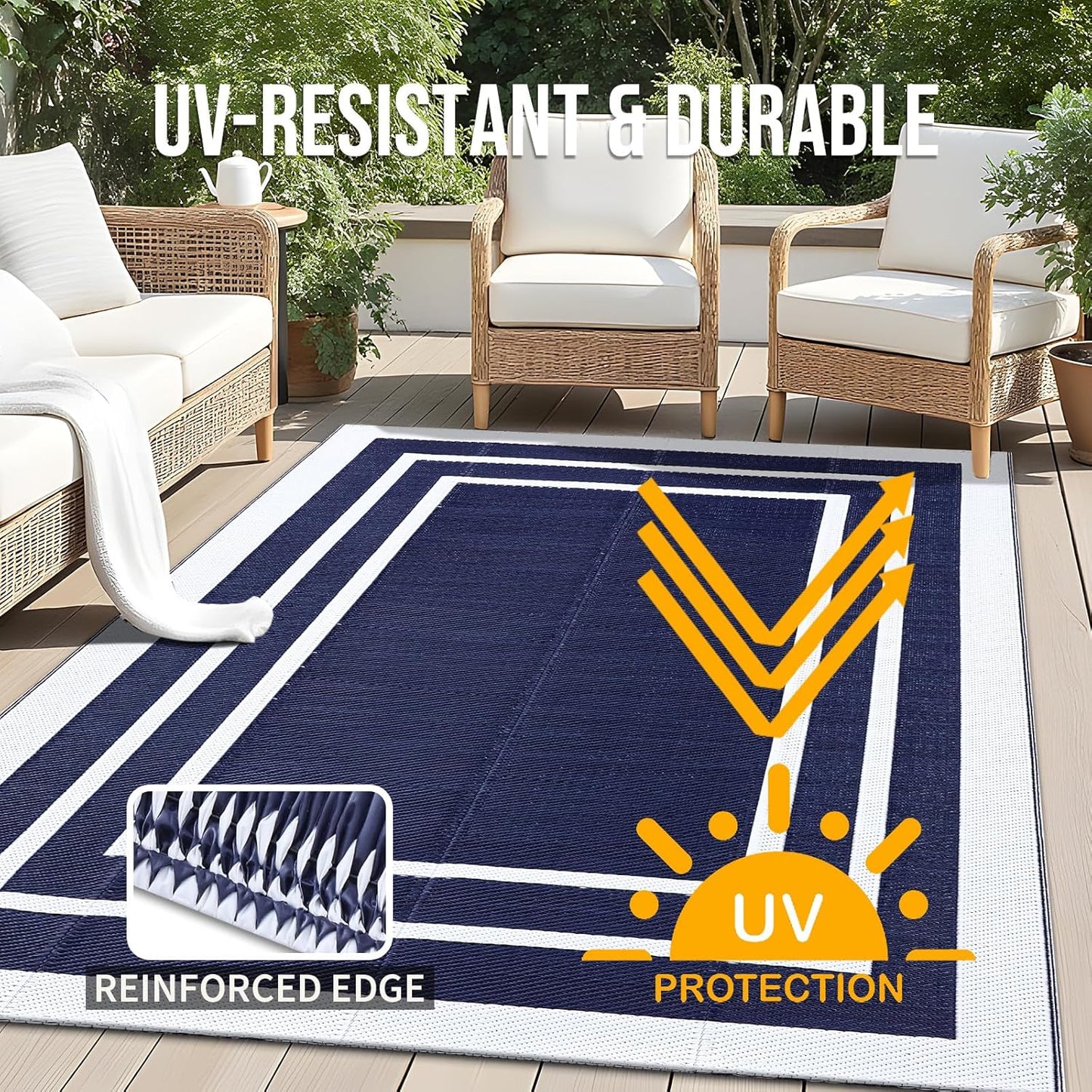OLANLY Outdoor Rug 5x8 ft Waterproof, Reversible Outdoor Plastic Straw Rug, RV Mat, Indoor Outdoor Carpet Clearance for Patio, Camping, Balcony, Deck, Backyard, Navy & White