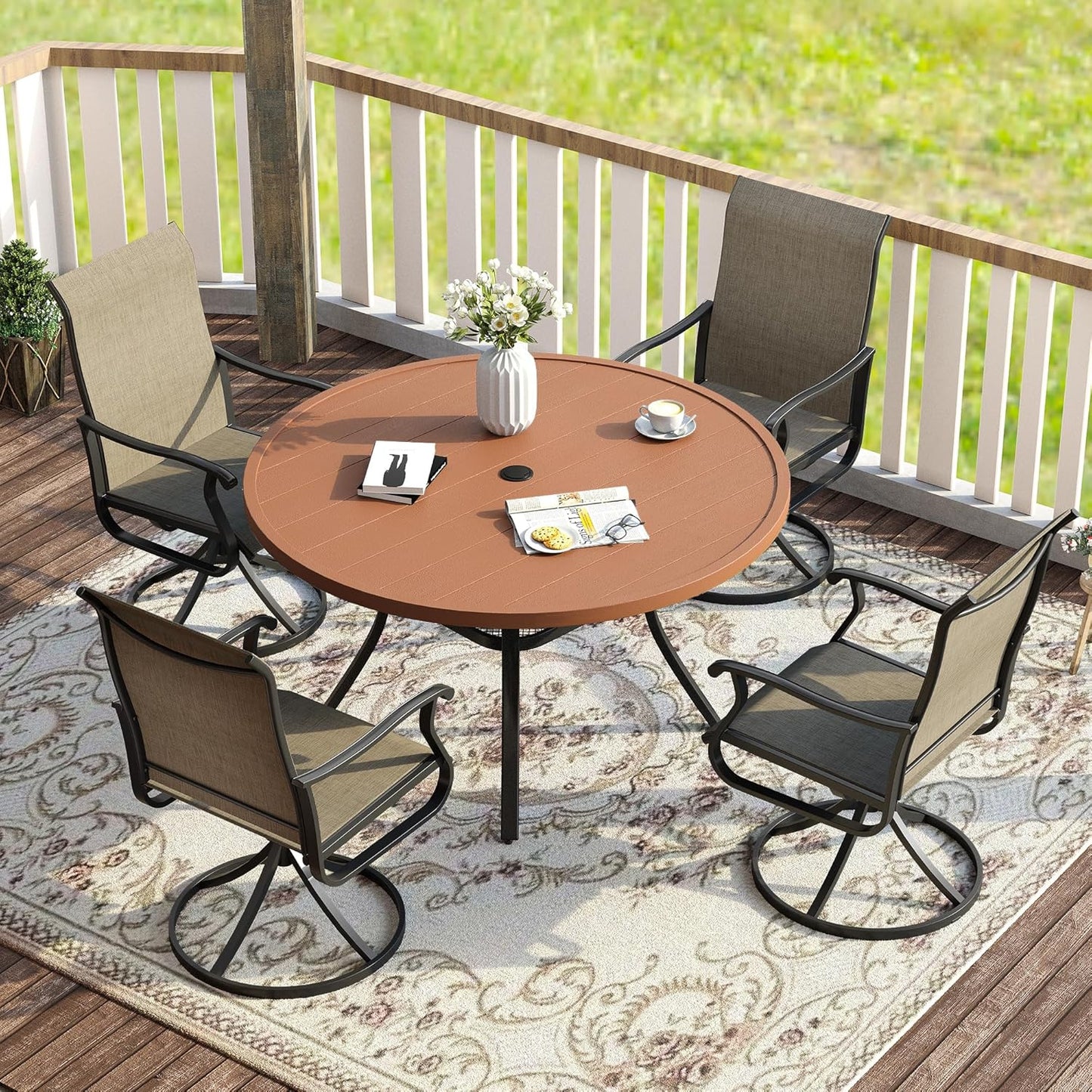 VICLLAX Round Patio Table with Adjustable Umbrella Hole for 4, All Weather Plastic Wood Grain Outdoor Dining Table for Lawn Garden, 41.7" Circle Outdoor Table, Walnut Tabletop
