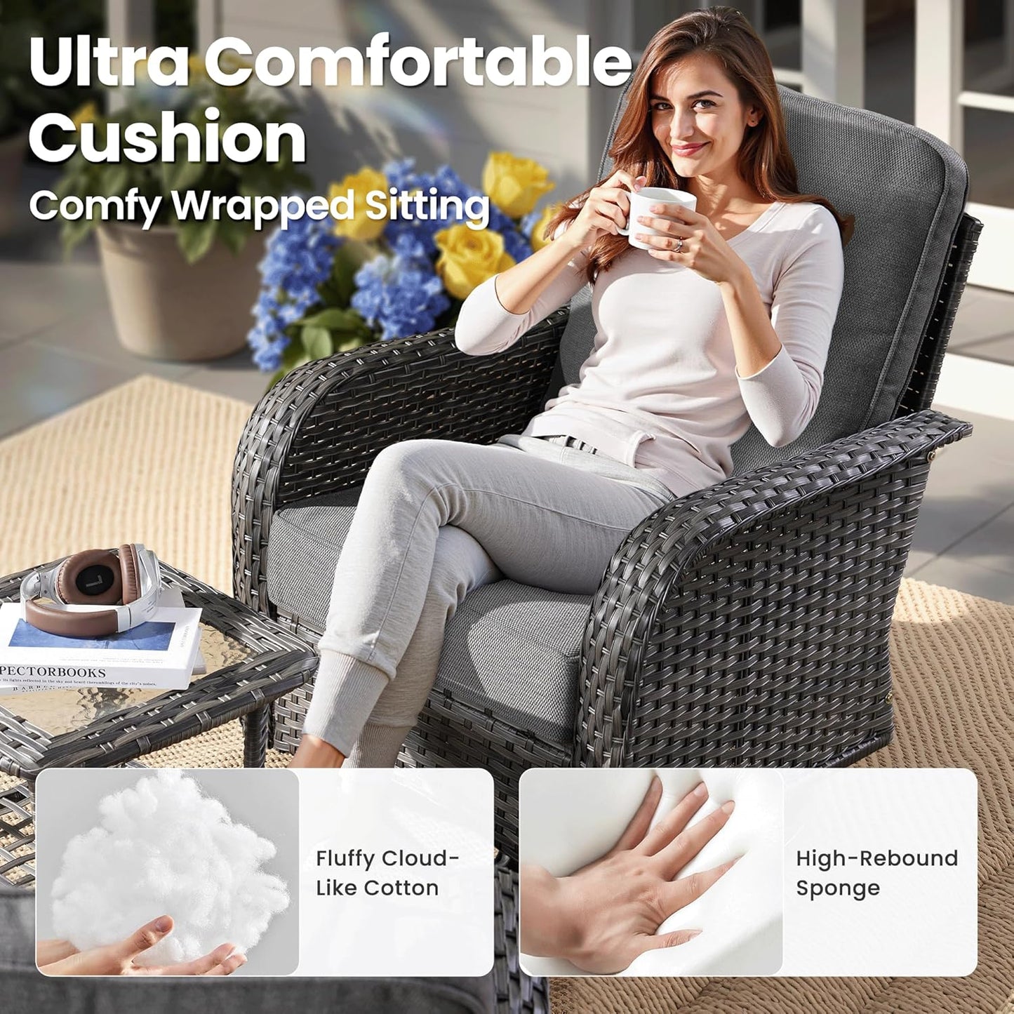 ovios 5 Pieces Patio Furniture Set, Outdoor Wicker Sofa with Swivel Chairs, Coffee Table, All Weather High Back Rattan Loveseat Couch with Comfy Cushions, Dark Grey