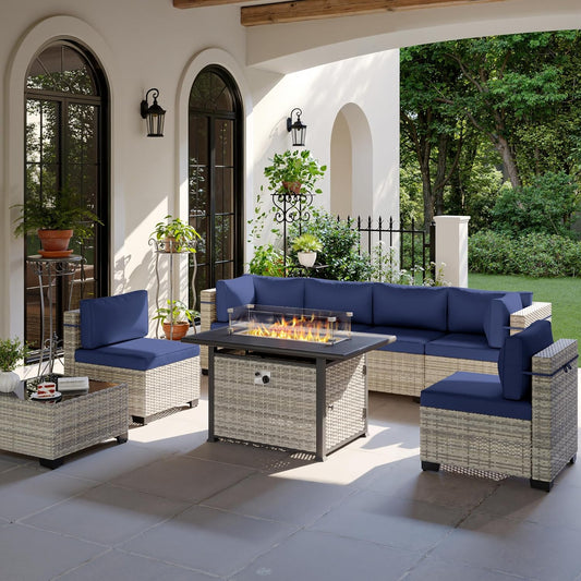 8-Piece Modern Patio Furniture Set with 55,000 BTU Fire Pit Table, Thick Cushions, Dual-Strand Wicker Rattan, Rust-Resistant Frame, Navy Blue