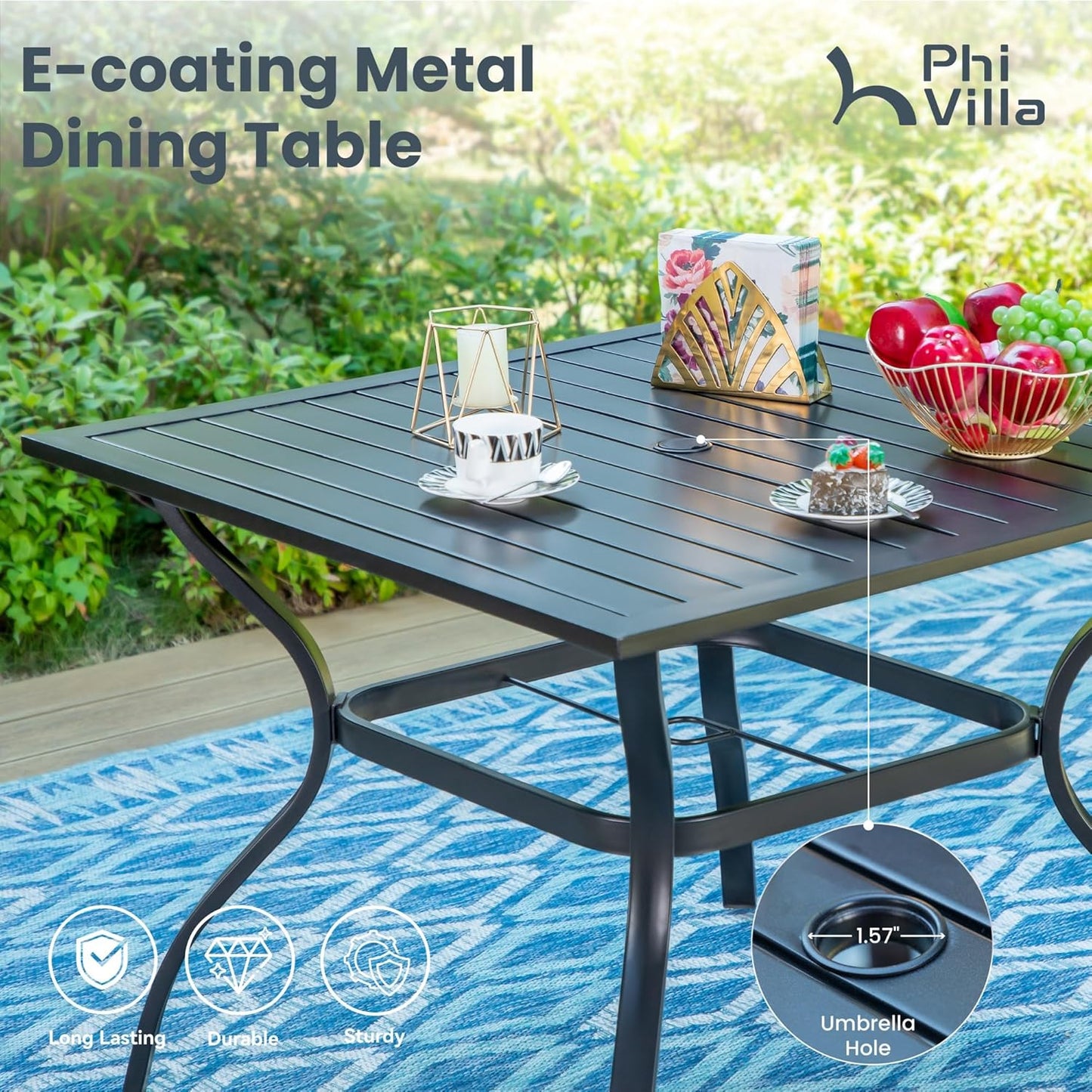 PHI VILLA Patio Table and Chairs Dining Set with Umbrella for 4, Outdoor Dining Set with 4 Swivel Patio Chairs, 1 Square Metal Dining Table and 10ft Orange Red Large Patio Umbrella (No Umbrella Base)