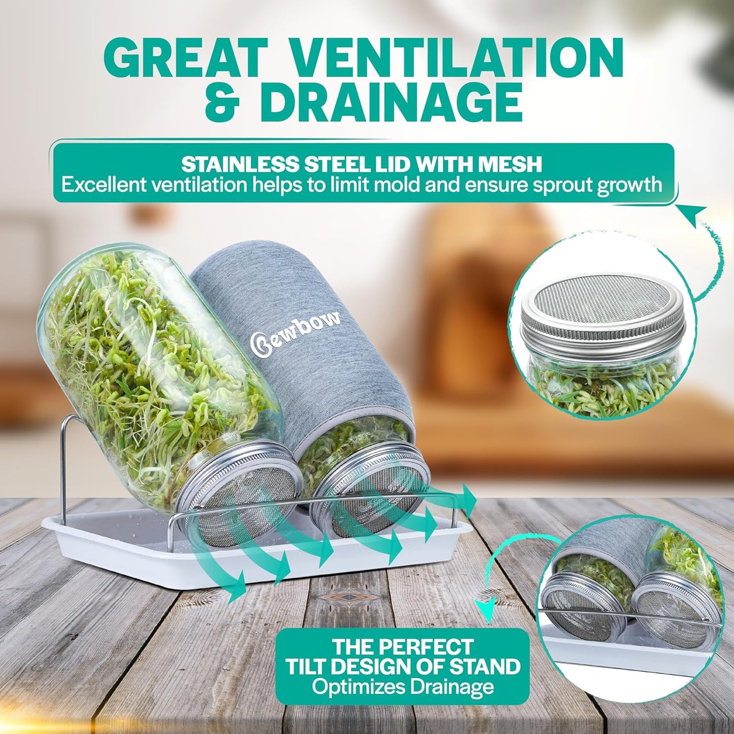 [LARGE SIZE] 2000ml(68oz) Seed Sprouting Mason Jar Kit with Stand,Drain Tray, Screen Lids,Blackout Sleeves,Good Ventilation & Drainage Capacity,Growing Fresh Organic Mung Beans,Broccoli & Microgreens