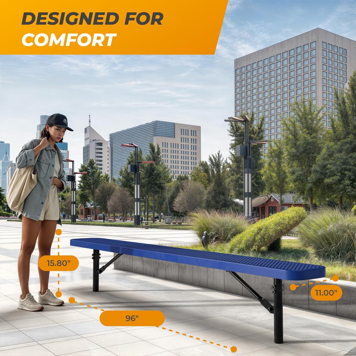 Heavy-Duty Outdoor Metal Bench, Thermoplastic-Coated, Inground, Weatherproof, Commercial-Grade for Parks, Gardens, Patios, Stores & More (8 Ft - Inground, Blue)