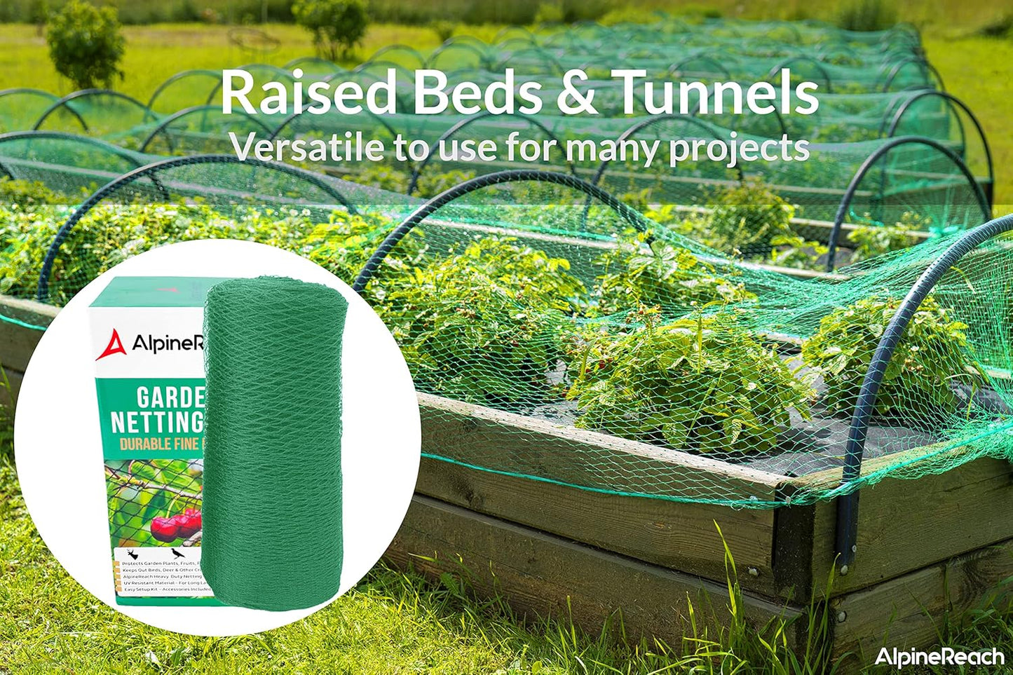 AlpineReach Garden Netting 7.5 x 100 ft Heavy Duty Bird Net, Deer, Plant Protection Extra Strong Woven Mesh, Reusable Kit with Zip Ties, Animal Fencing for Fruits Trees, Green