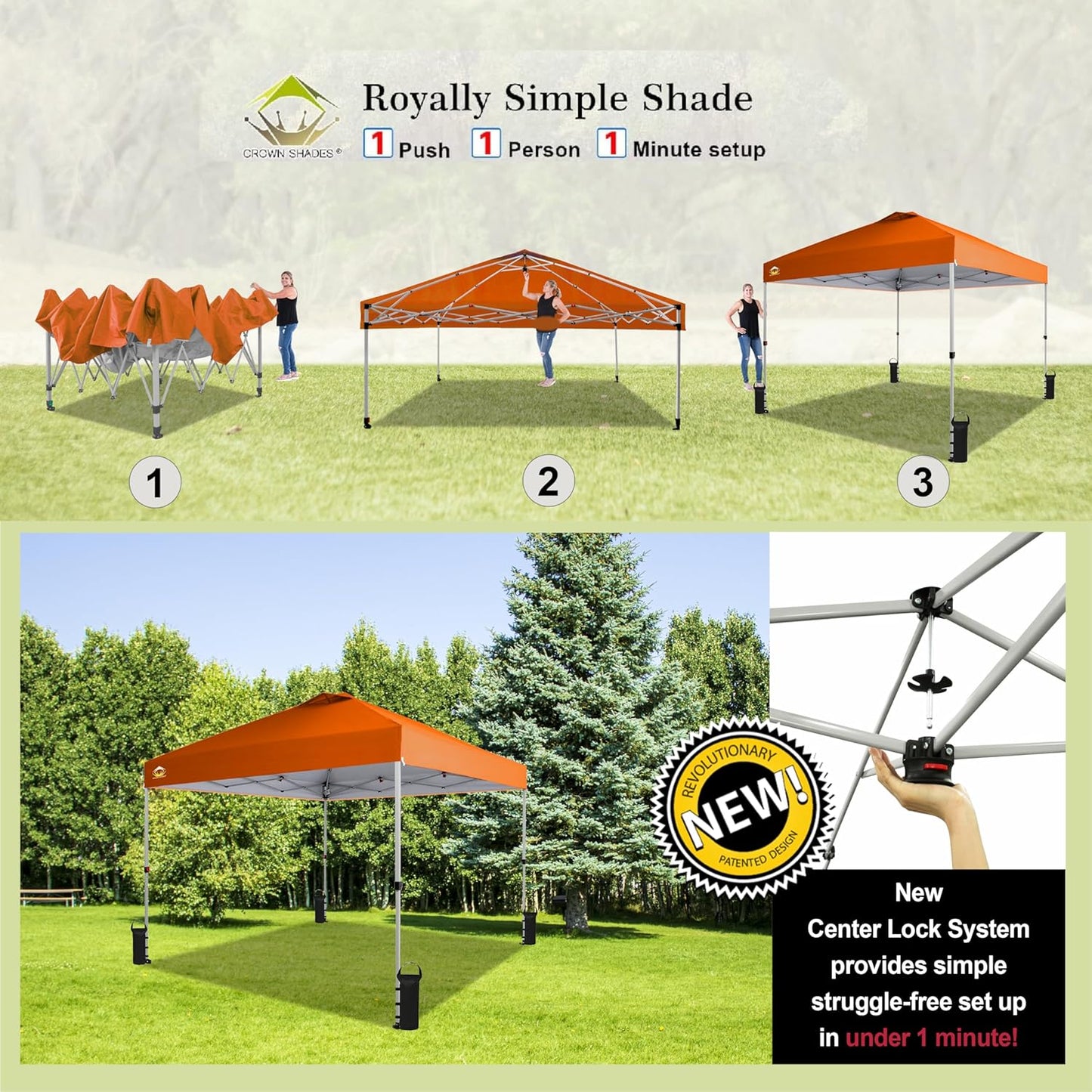 CROWN SHADES 10x10 Pop Up Canopy - Beach Tent with One Push Setup - Easy Outdoor Sun Shade for Events, Parties, Camping - Gazebo with STO-N-Go Cover Bag, Silver Coated Top, Orange