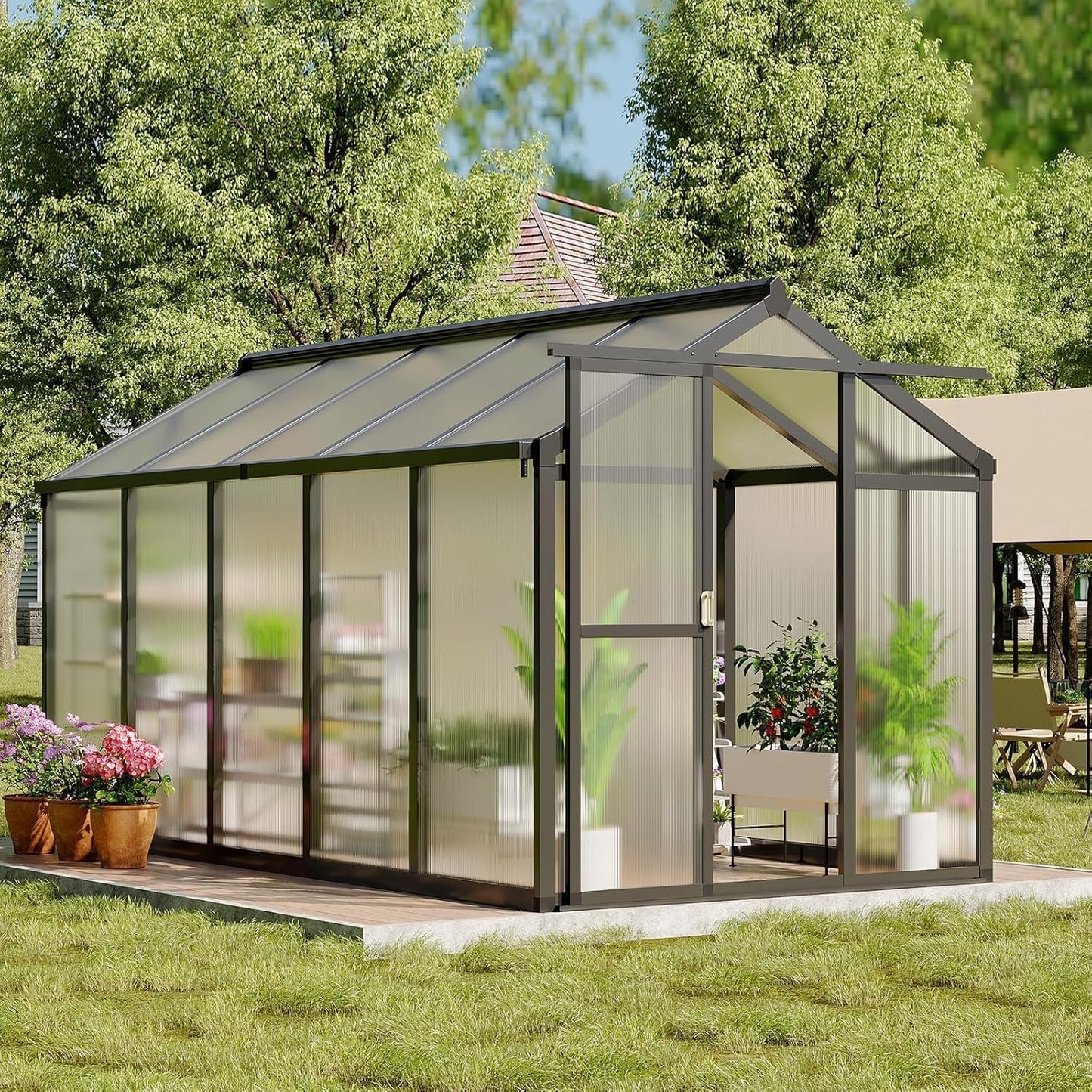 Greenhouse, 6x10 Ft Outdoor Greenhouses with Roof Vents and Sliding Doors, Aluminum Frame Polycarbonate Accessible Greenhouses, Suitable for Outdoor Gardens and Backyards, Black
