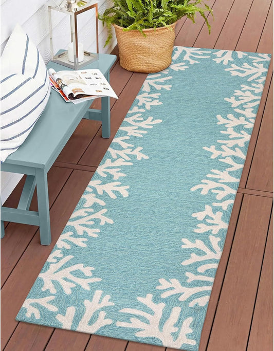 Liora Manne CAPRI Indoor/Outdoor Handmade Synthetic Blend Durable Area Rug - Traditional Border Coastal Beach Accent (Coral Border Aqua) (2' x 8')