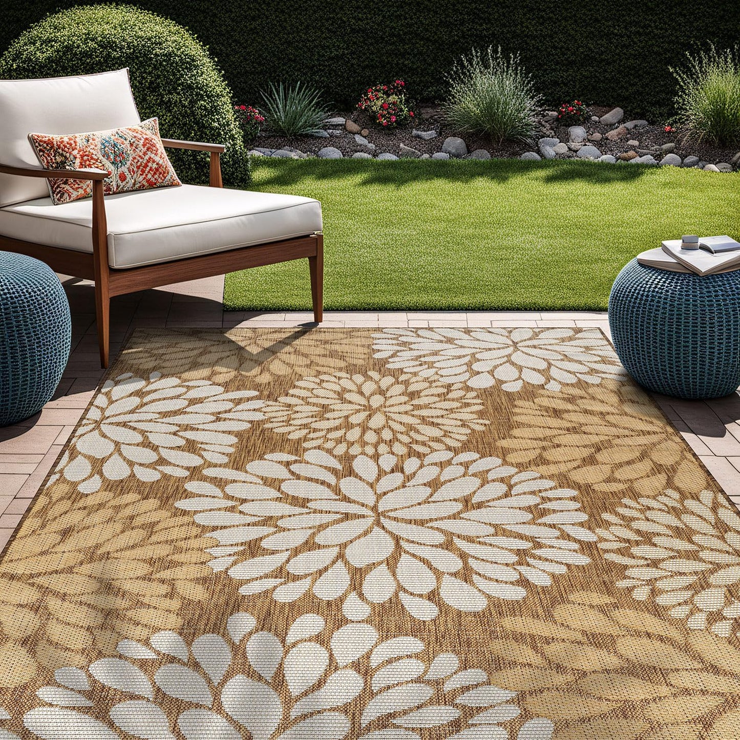 Beverly Rug Outdoor Rug 6x9 Modern Exotic Tropical Leaf Area Rugs for Indoor and Outdoor Patio Deck Porch Garden Water Resistant Washable Outside Carpet (6 x 9 Wooden)