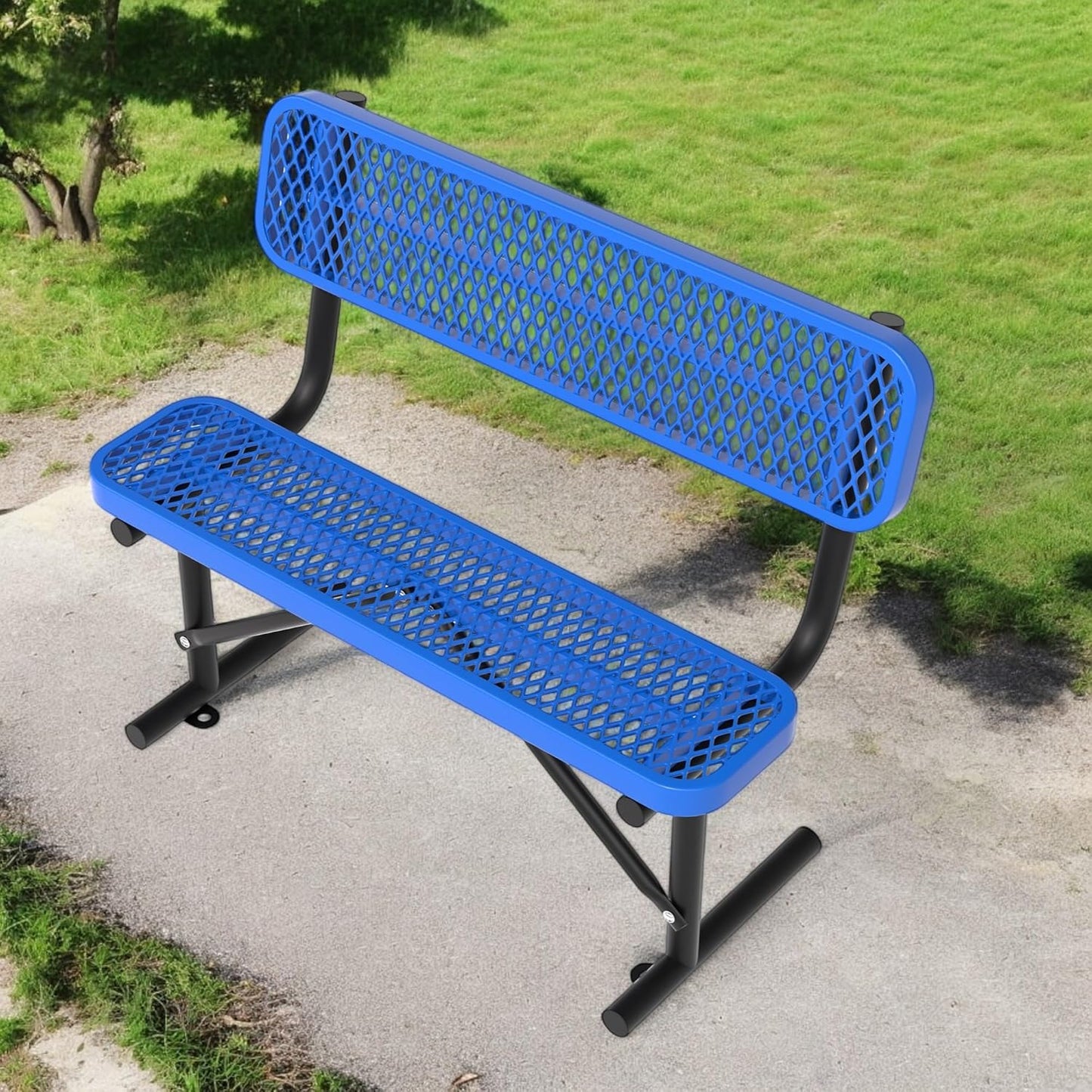 4 Feet Heavy Duty Metal Park Bench for Outside, Outdoor Steel Bench with Backrest & Portable Frame, Commercial Benches for Shopping Malls/Stores/Parks/Patios/Decks/School,Blue