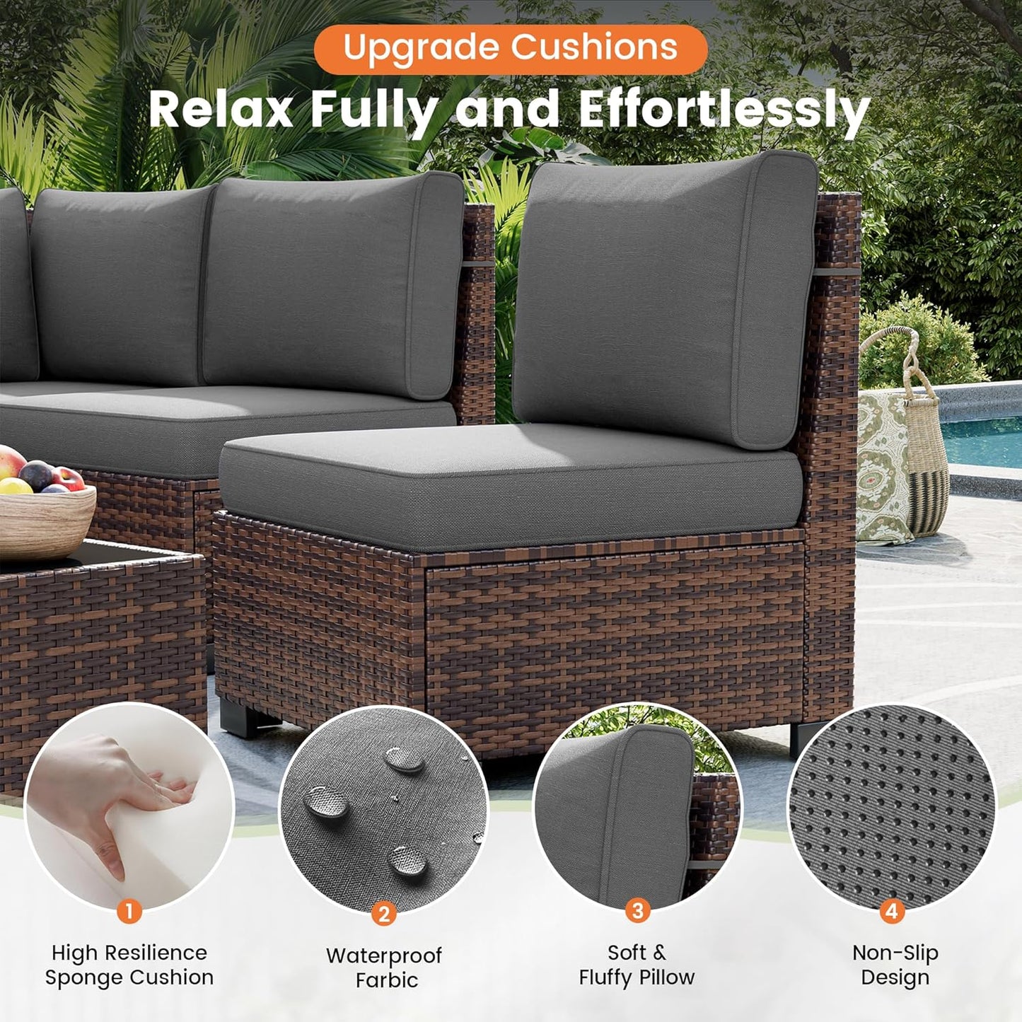 UDPATIO Patio Furniture Set with Fire Pit Table, 8 Inch Armrest Outdoor Sectional Sofa, 7 Piece Wicker Outdoor Furniture Conversation Sets with Waterproof Cover for Backyard Deck(Brown/Dark Grey)