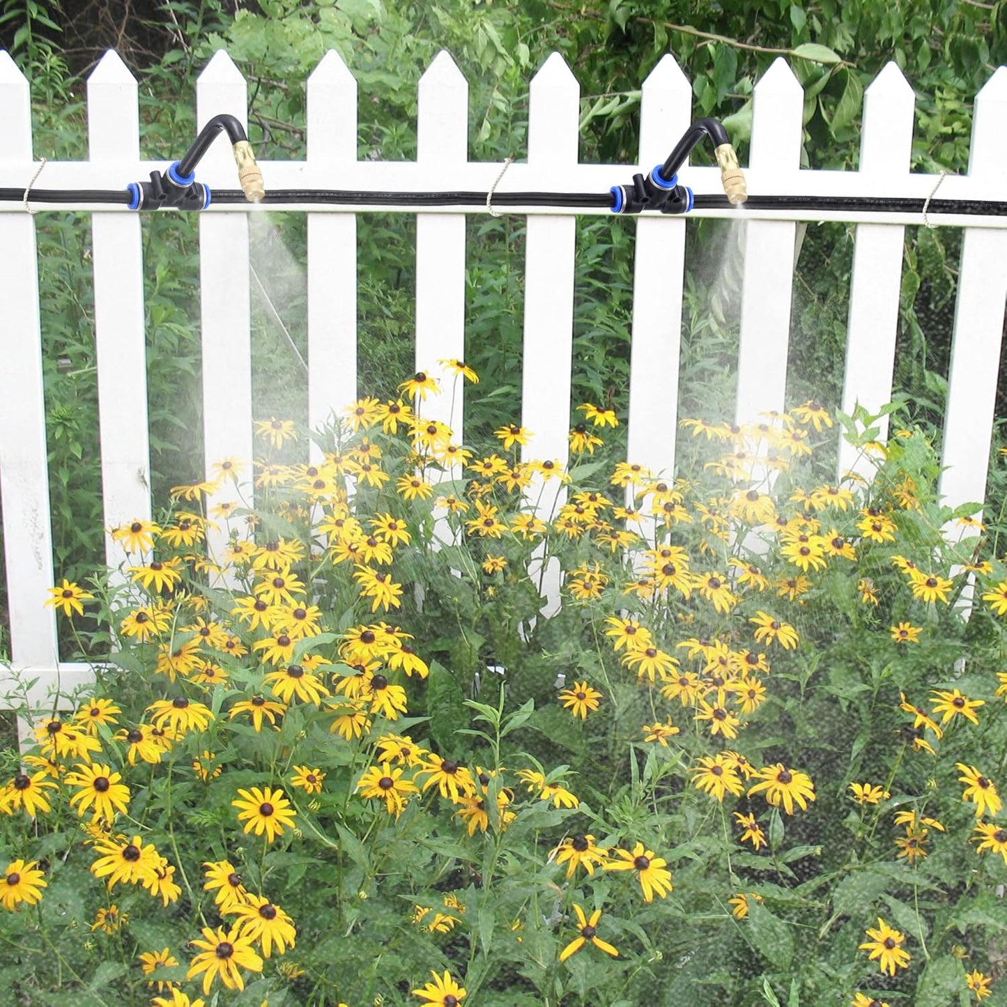 Mornajina 5Packs Brass Misting Nozzles Tee with 4inch Built in Hose for Outdoor Cooling System, Adjustable 360° Rotation, Water Mister Nozzles Thread Sprayer 0.043" (1.1 mm)