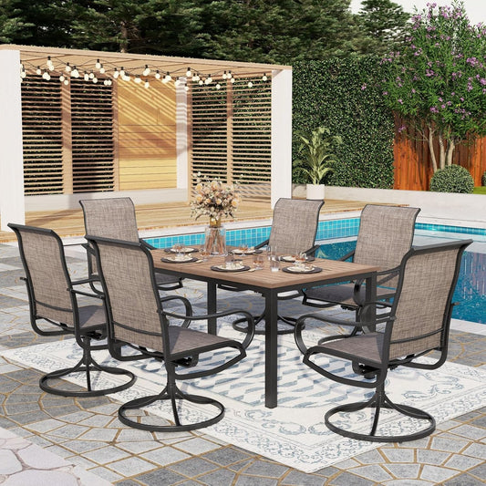 PHI VILLA Patio Dining Table and Chairs, 6 Swivel Dining Chairs with Armrest, Brown Metal Slat Table Top with 1.6" Umbrella Hole, Rustproof E-Coating for All Weather