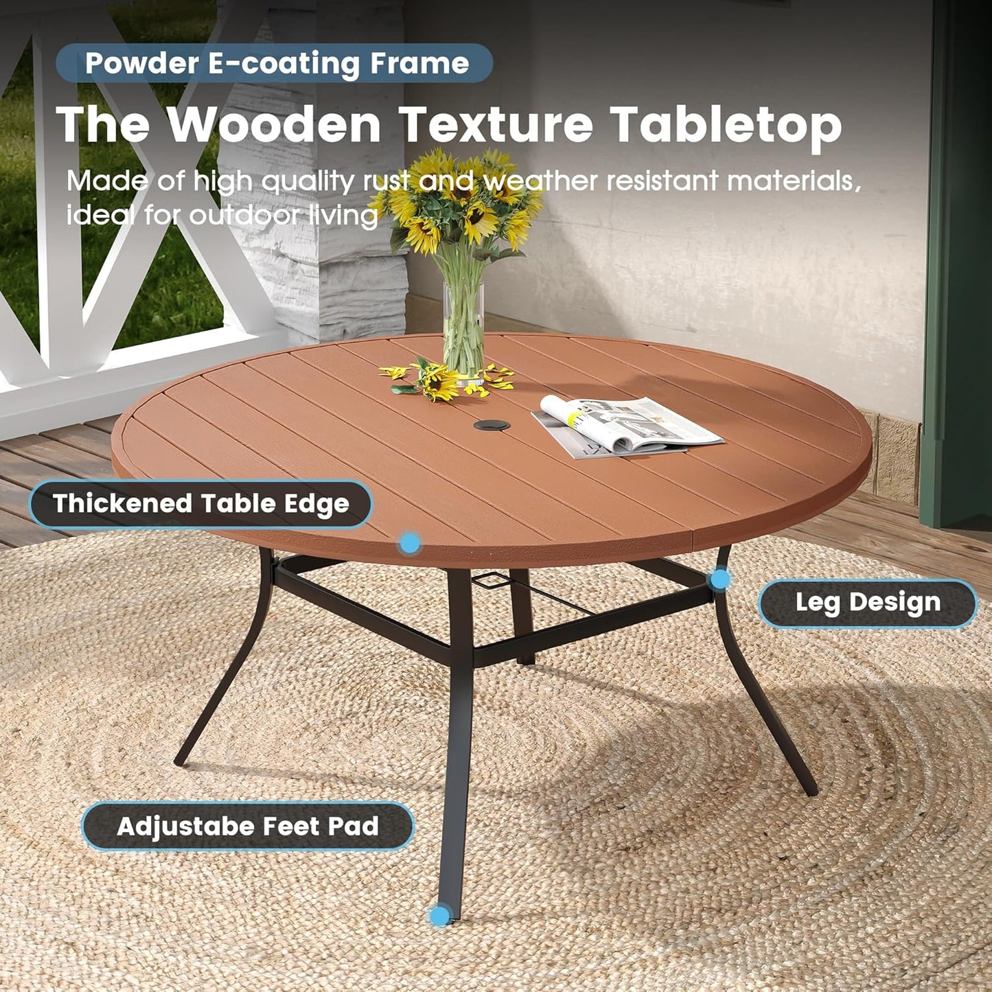 DIFY Round Outdoor Patio Dining Table for 8, 56.3" Patio Table with All-Weather Faux Wood Tabletop and Metal Steel Frame, Outside Table for Garden Porch Backyard, Walnut