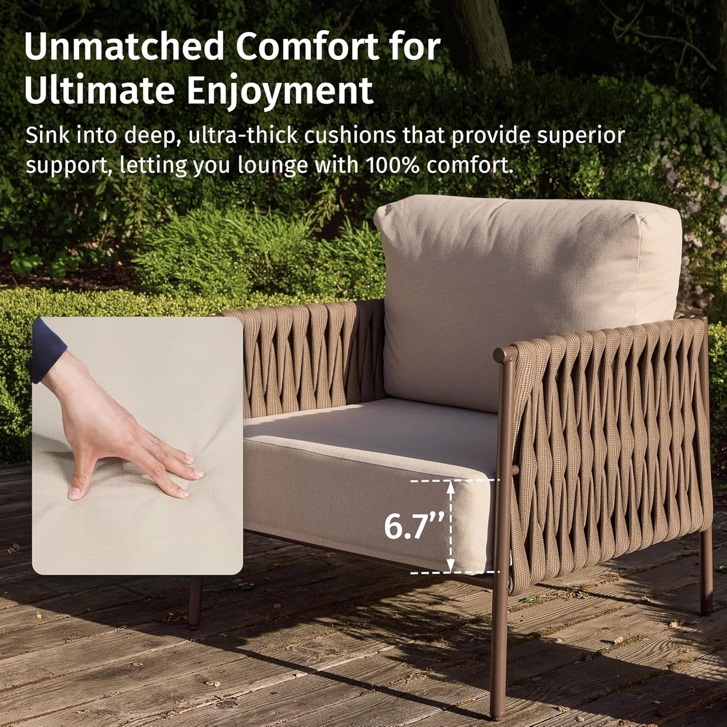 EAST OAK 3-Piece Patio Furniture Set | Armchairs & Coffee Table | Outdoor Furniture with Cushions | Deep Seating Modern Conversation Set | Garden, Porch, Balcony & Backyard | Chestnut & Apricot