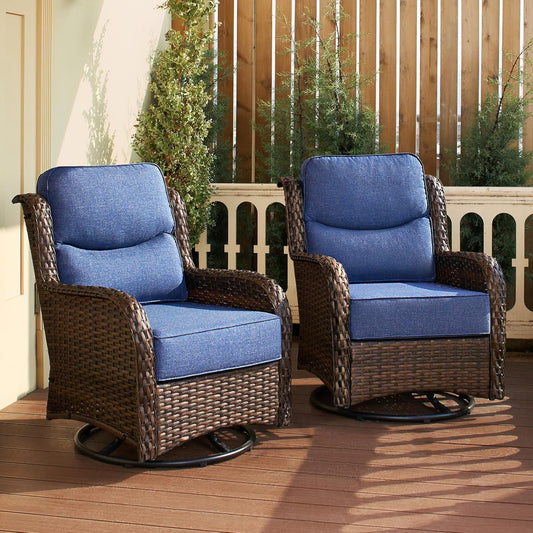 HILLGA Luxury Patio Furniture Set with 6-inch Thick Cushion, Outdoor High Back Swivel Rocker Patio Chairs, 2PCS Wicker Conversation Set for Deck Yard and Poolside, Blue (V2)