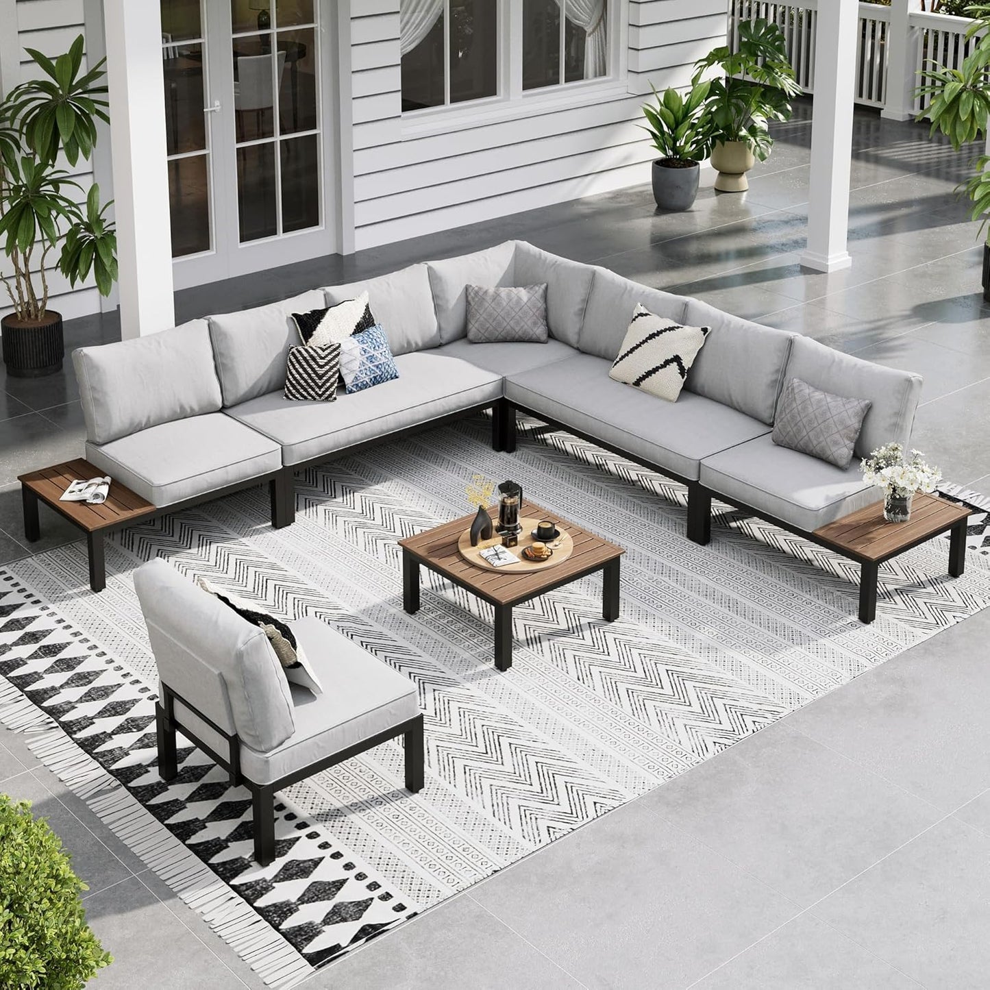 Sophia & William 7 Piece Outdoor Patio Furniture Set, Metal Sectional Sofa Patio Conversation Set with Cushions-2 x Single Sofa with Side Table, 2 x Single Chair, 2 x Loveseat, 1 x Tea Table