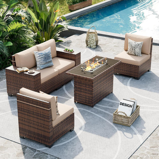 UDPATIO Patio Furniture Set with Fire Pit Table, 8 Inch Armrest Outdoor Sectional Sofa, Wicker Outdoor Furniture Conversation Sets with Waterproof Cover for Backyard Deck(Brown/Khaki)