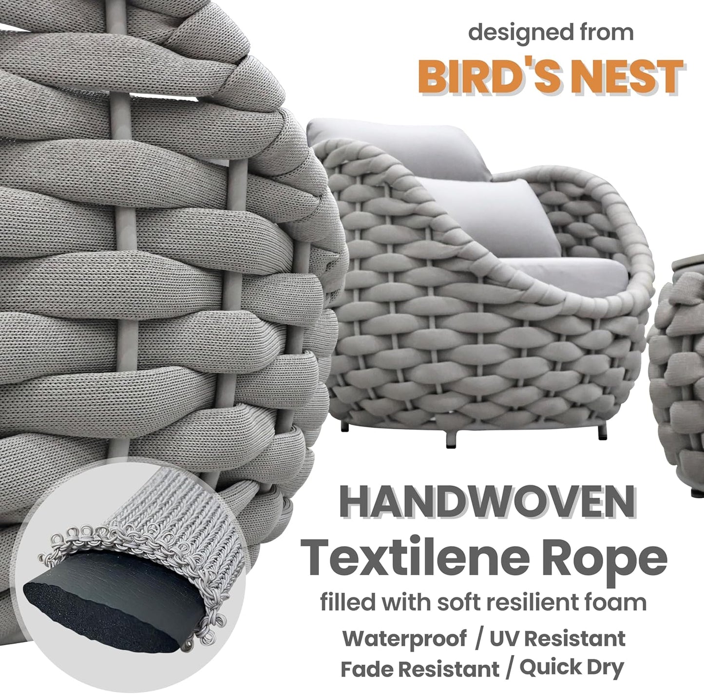 Woven Rope Patio Sofa Furniture Set of 4: Aluminum All Weather Outdoor Conversation Set, Couch Armchair and Loveseat Set with Table Cushions for Deck Porch Poolside Garden Backyard Hotel - Gray