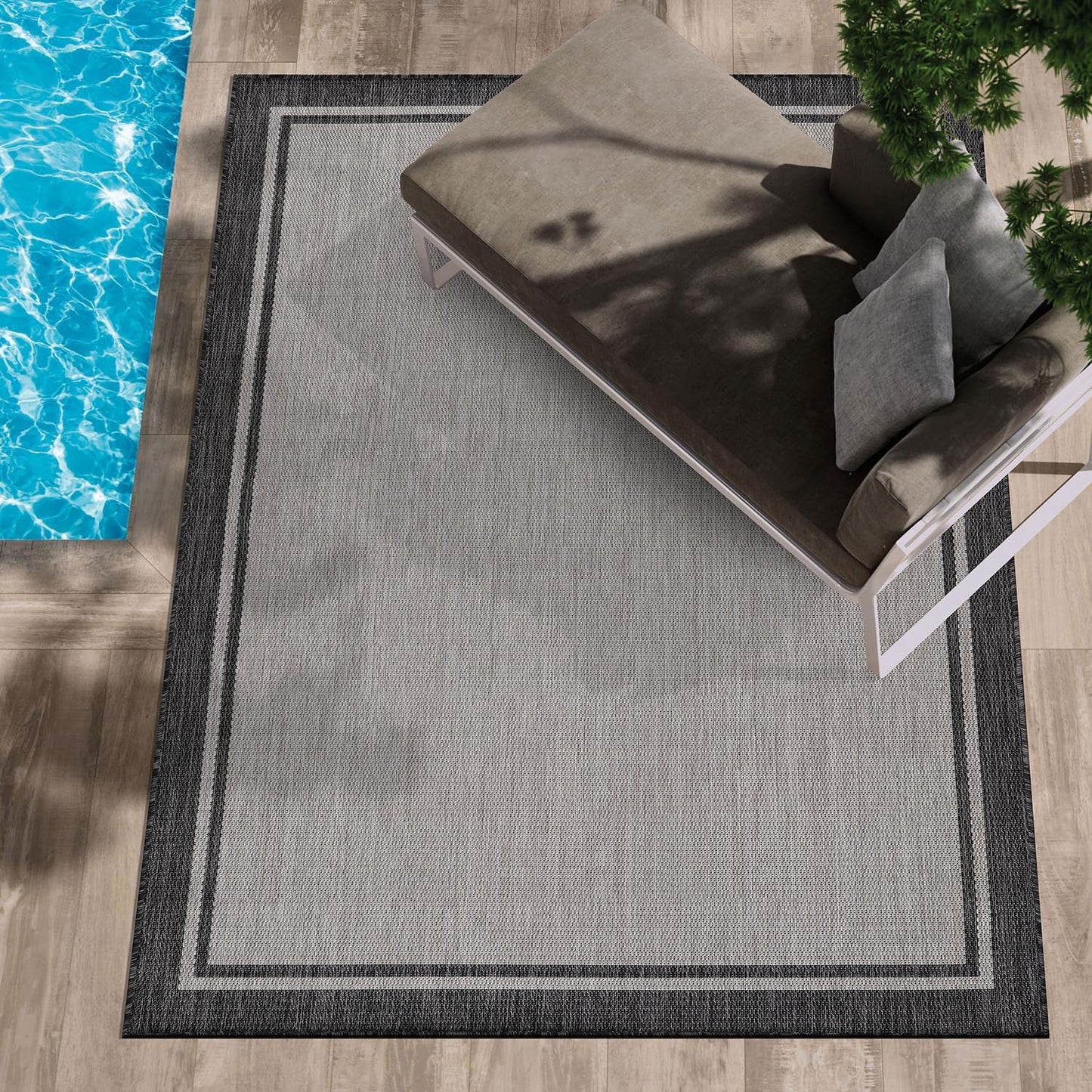 CAMILSON Indoor Outdoor Rug, 6x9 Bordered Gray Modern Area Rugs for Indoor and Outdoor Patios, Kitchen and Hallway Mats, Washable Porch Deck Outside Carpet (Bordered Grey, 6 x 9)