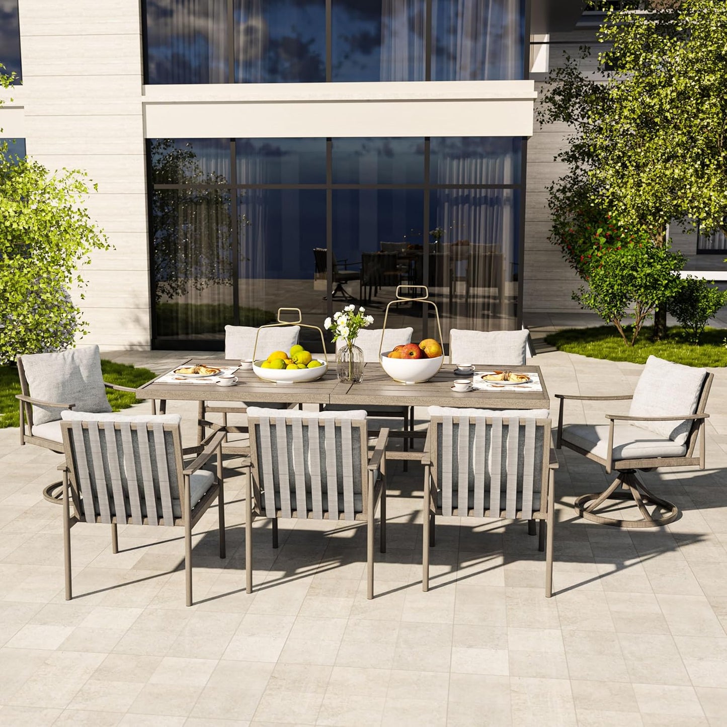 HAPPATIO Patio Table for 8, Large Modern Rectangle Outdoor Dining Table with Umbrella Hole and Adjustable Feet, All Weather Aluminum Patio Table for Garden, Backyard and Poolside, Grey