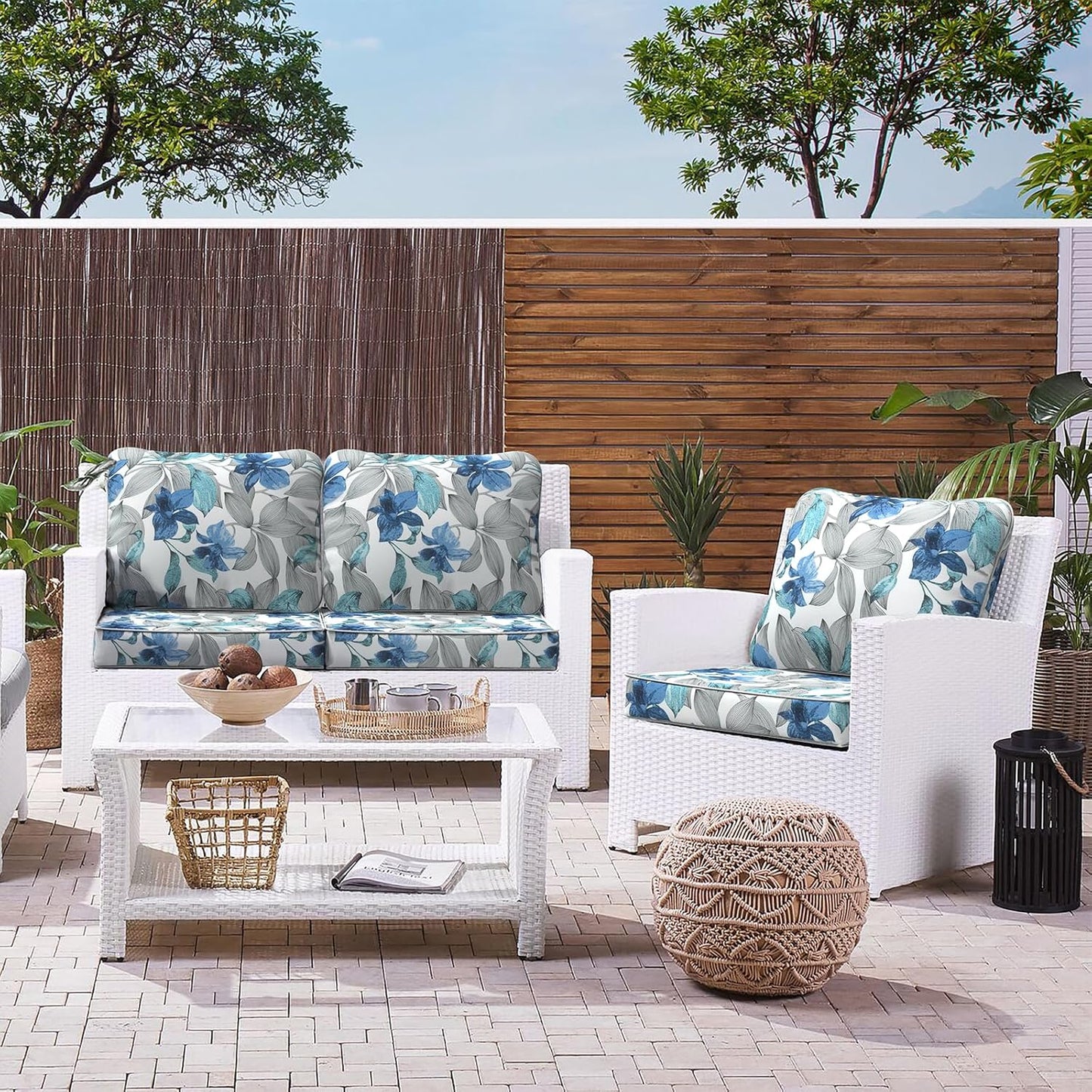 LVTXIII Outdoor Seat and Back Cushion Patio Deep Seat Cushion Set Seasonal Chair Cushion for Wicker Chairs and Garden Furniture Decoration, 24"x24"x4", Clemens Noir Blue