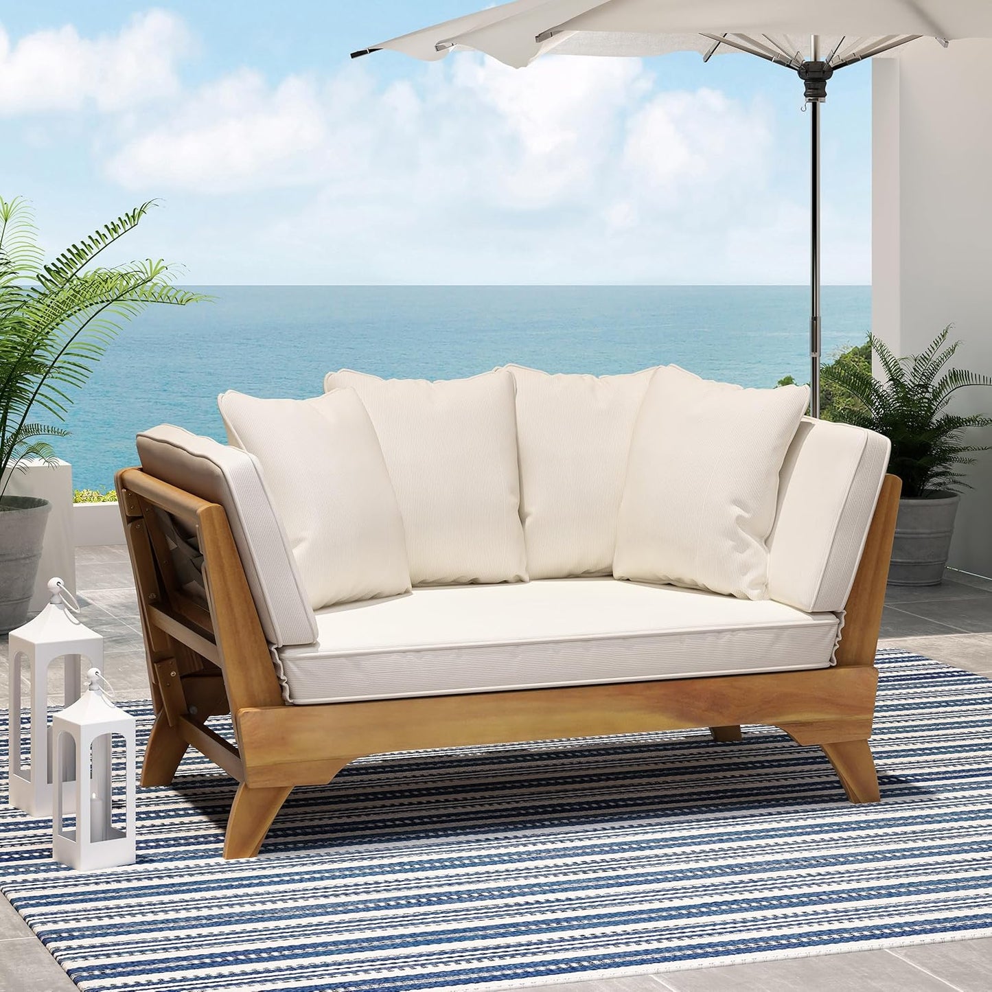 Outdoor Adjustable Patio Wooden Serene Daybed Sofa Chaise Lounge with Cushions for Small Places, Sleeper Chair with Armrest for Backyard, Poolside (Beige)