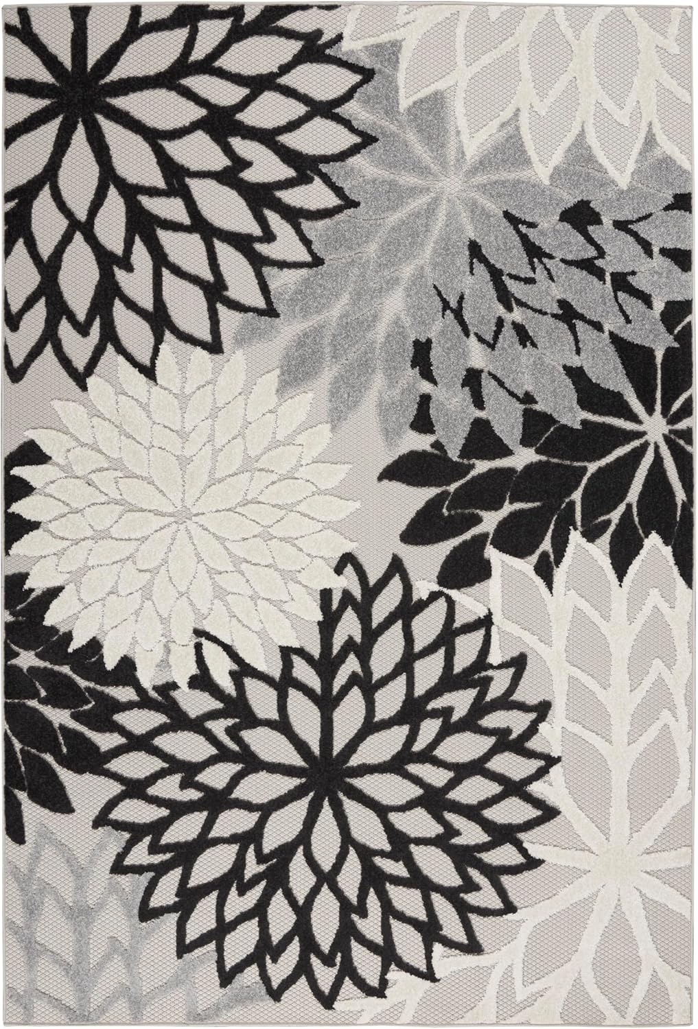 Nourison Aloha Indoor/Outdoor Black White 6' x 9' Area Rug, Tropical, Botanical, Easy Cleaning, Non Shedding, Bed Room, Living Room, Dining Room, Deck, Backyard, Patio (6x9)
