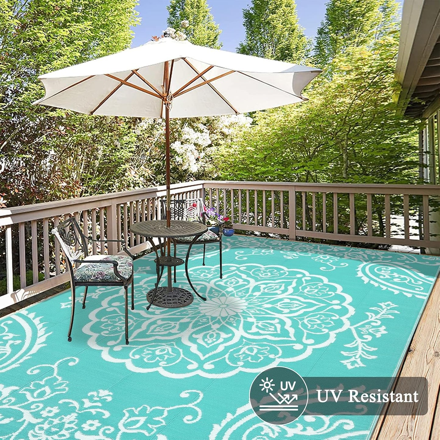 Pauwer Waterproof Outdoor Rug 8x10, Reversible Plastic Straw Patio Camping Rug, Indoor Outdoor RV Mat Carpet for Deck, Camper, Porch, Balcony, Backyard, Picnic, Boho Light Blue