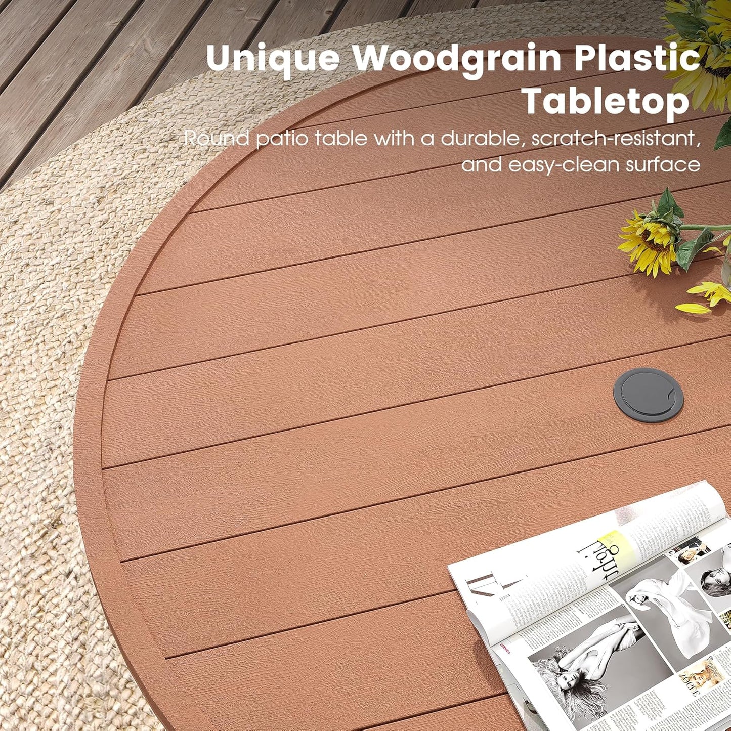 DIFY Round Outdoor Patio Dining Table for 8, 56.3" Patio Table with All-Weather Faux Wood Tabletop and Metal Steel Frame, Outside Table for Garden Porch Backyard, Walnut