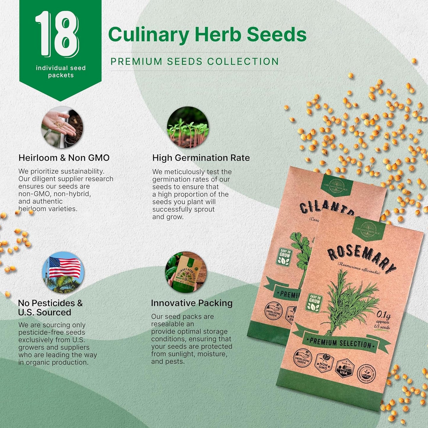 Organo Republic 18 Culinary Herbs Seeds Variety Pack - 10,180+ Heirloom, Non-GMO, Herbs Seeds for Outdoor and Indoor Home Gardening, Including Rosemary, Thyme, Oregano, Mint, Basil, Parsley