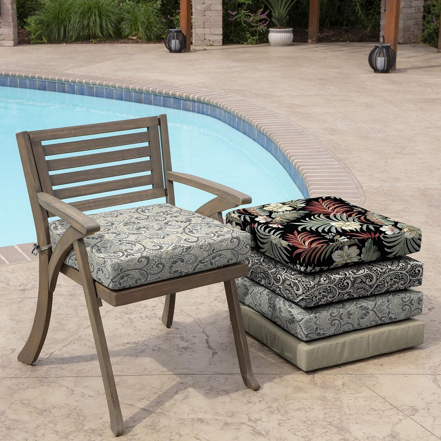 Arden Seat Cushion, 21 x 21, Rain-Proof, Fade Resistant, Cushion for Patio Dining, Adirondack, and Outdoor Chairs Neutral Aurora Damask