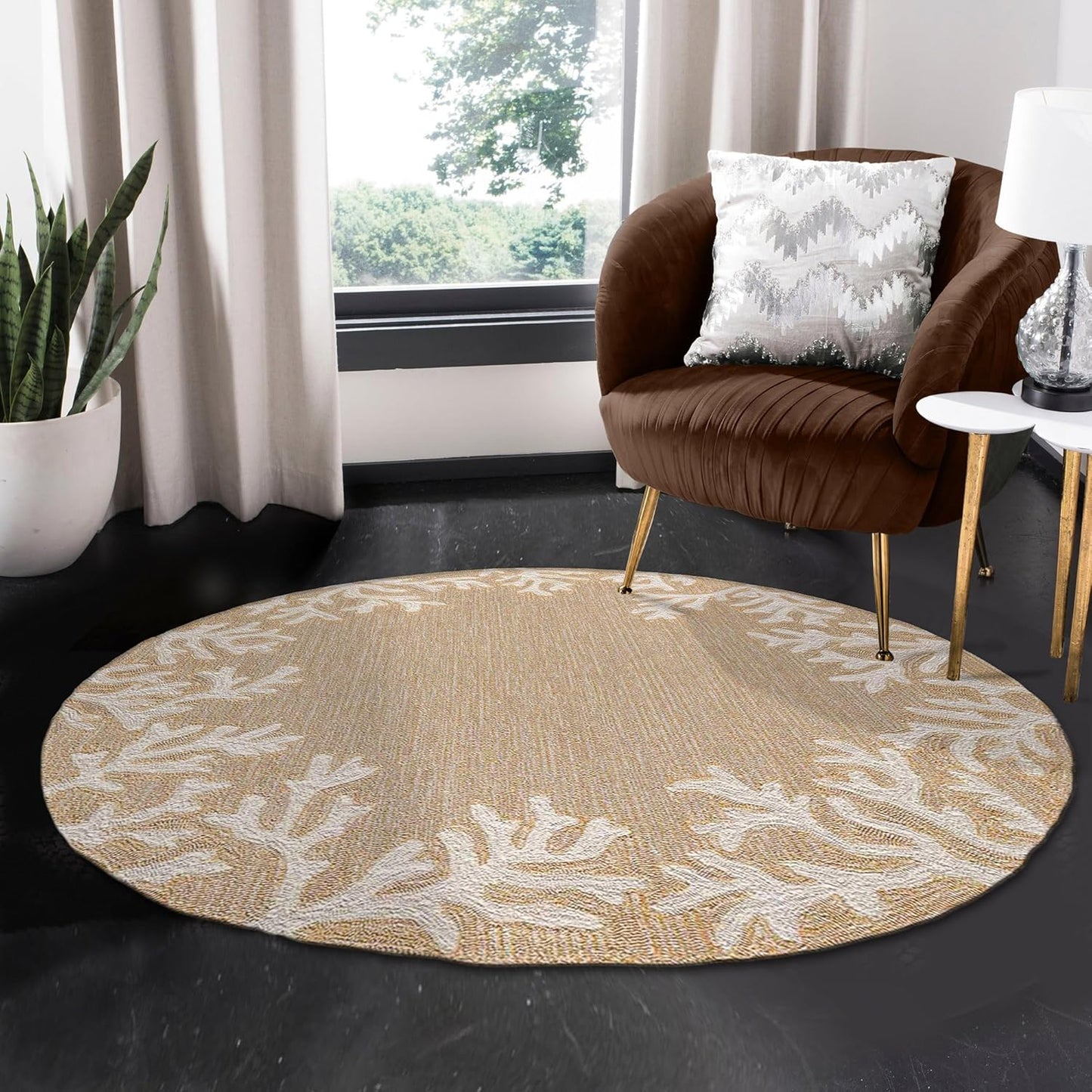 Liora Manne CAPRI Indoor/Outdoor Handmade Synthetic Blend Durable Area Rug - Traditional Border Coastal Beach Accent (Coral Border Neutral) (5' Round)