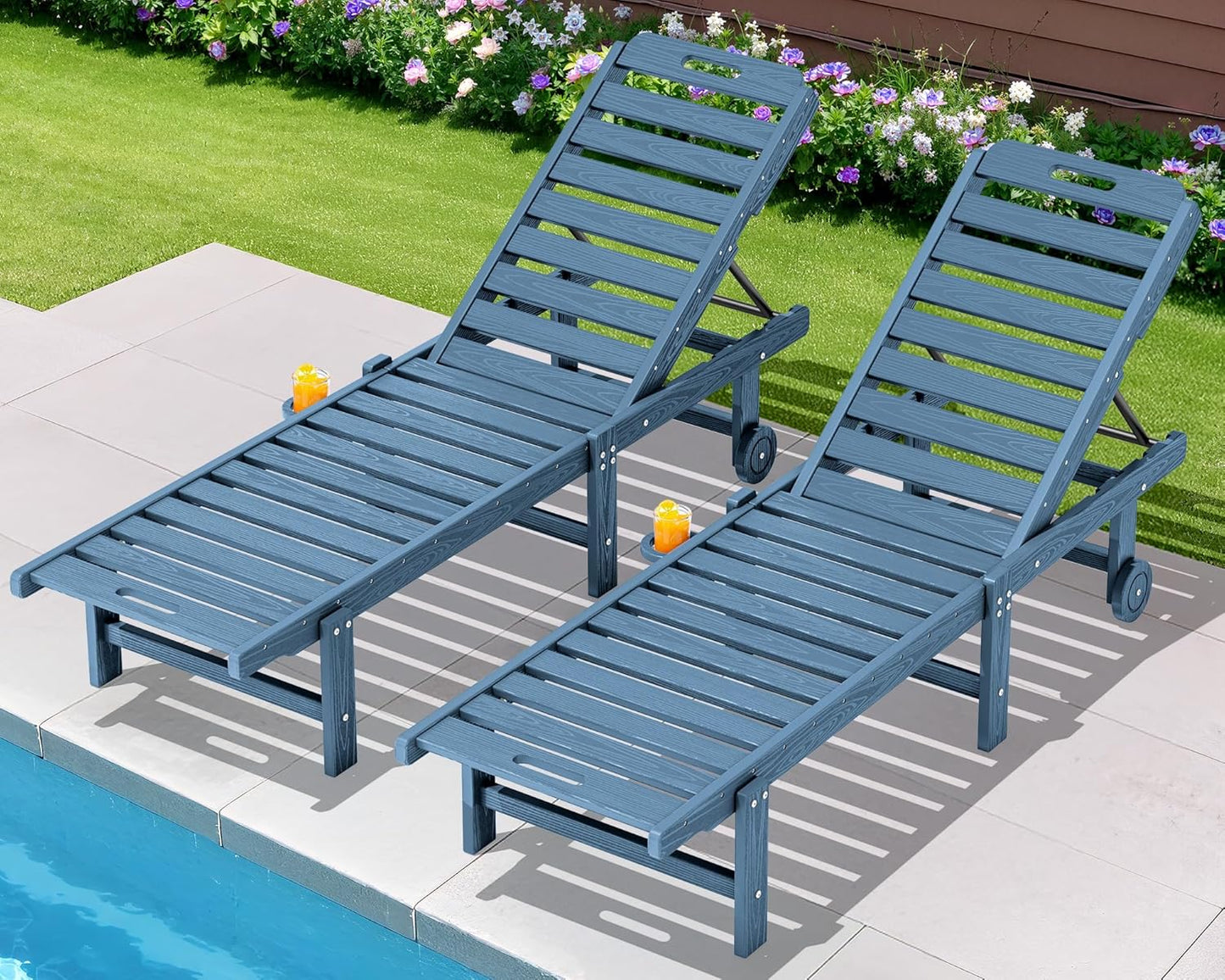 SERWALL Patio Chaise Lounge Set of 2, Outdoor Lounger with Cup Holder and Rolling Wheels, HDPE Pool Chaise for Poolside, Deck, Sunbathing, Blue