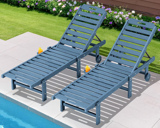 SERWALL Patio Chaise Lounge Set of 2, Outdoor Lounger with Cup Holder and Rolling Wheels, HDPE Pool Chaise for Poolside, Deck, Sunbathing, Blue